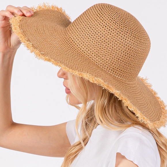 Tan Frayed Straw Floppy Hat - Picture 1 of 5